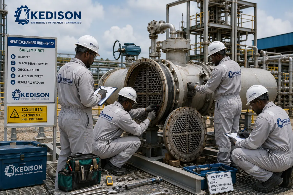 Ikedison crew working to a posted safety board on a heat exchanger