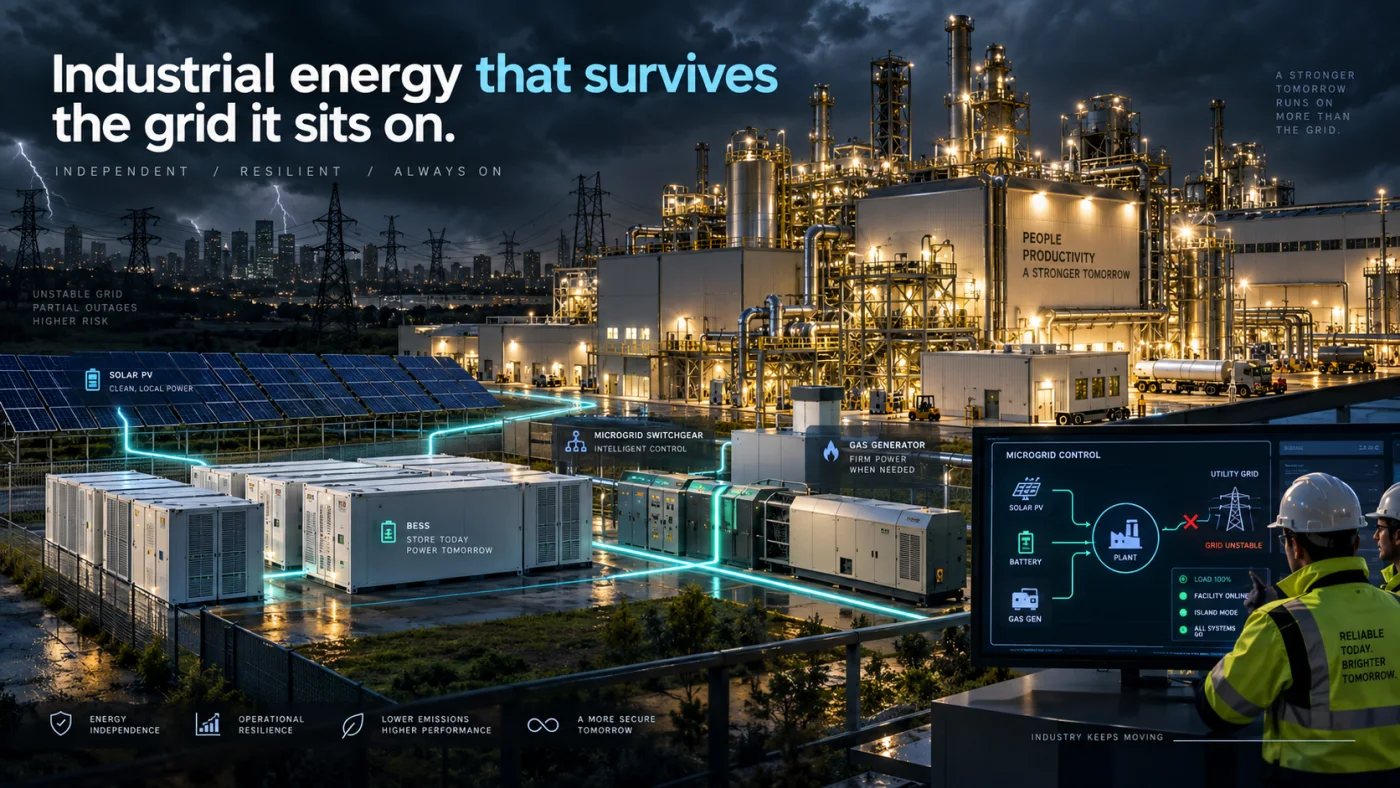 Industrial microgrid at night — solar PV, battery storage, gas generation and switchgear feeding a plant while the utility grid is down