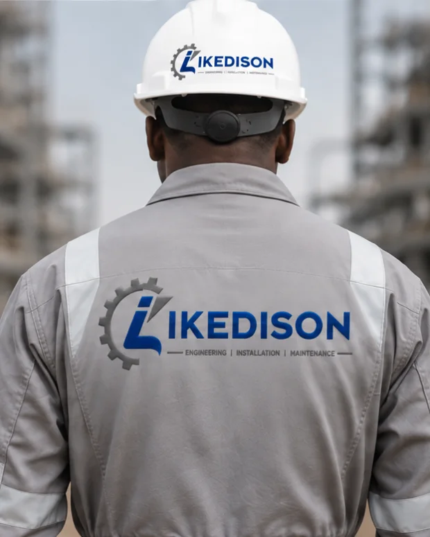Ikedison branded coveralls worn by a technician on a process plant