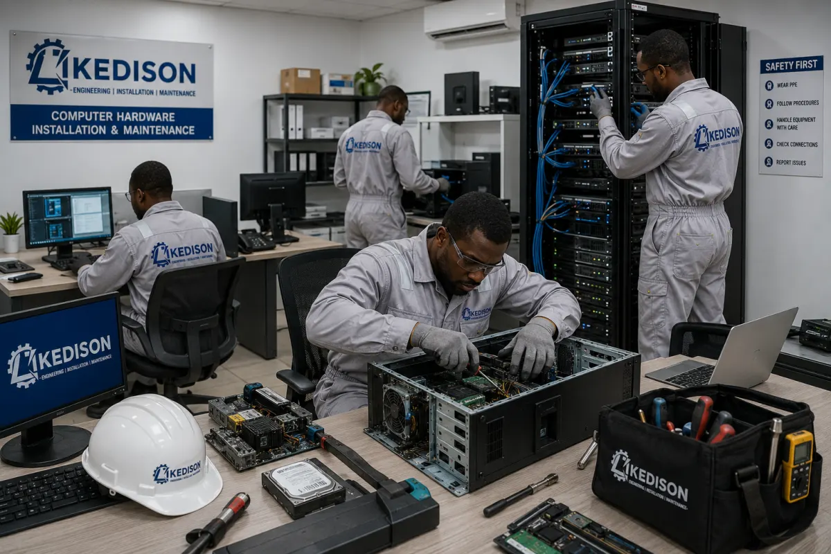 Ikedison technicians servicing workstation and rack hardware