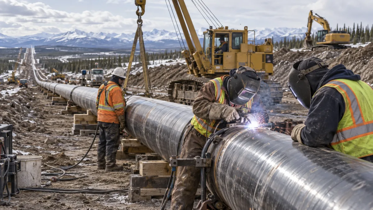Welders completing a girth weld on a cross-country pipeline with a sideboom holding the joint