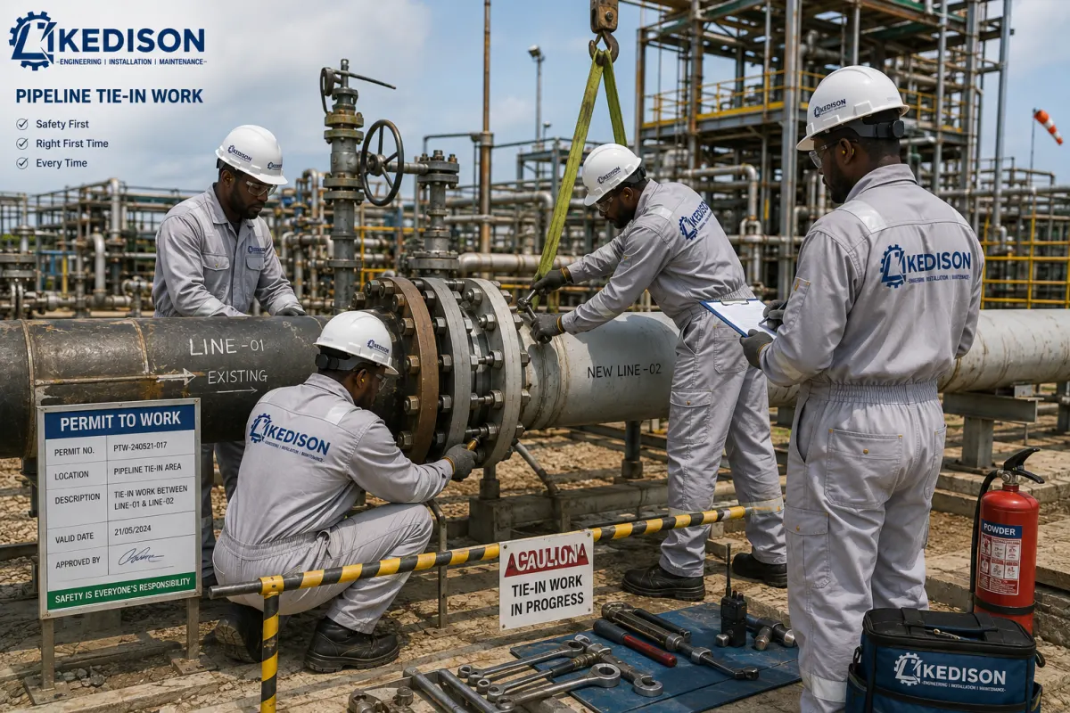 Ikedison crew at a pipeline tie-in beside a permit-to-work board