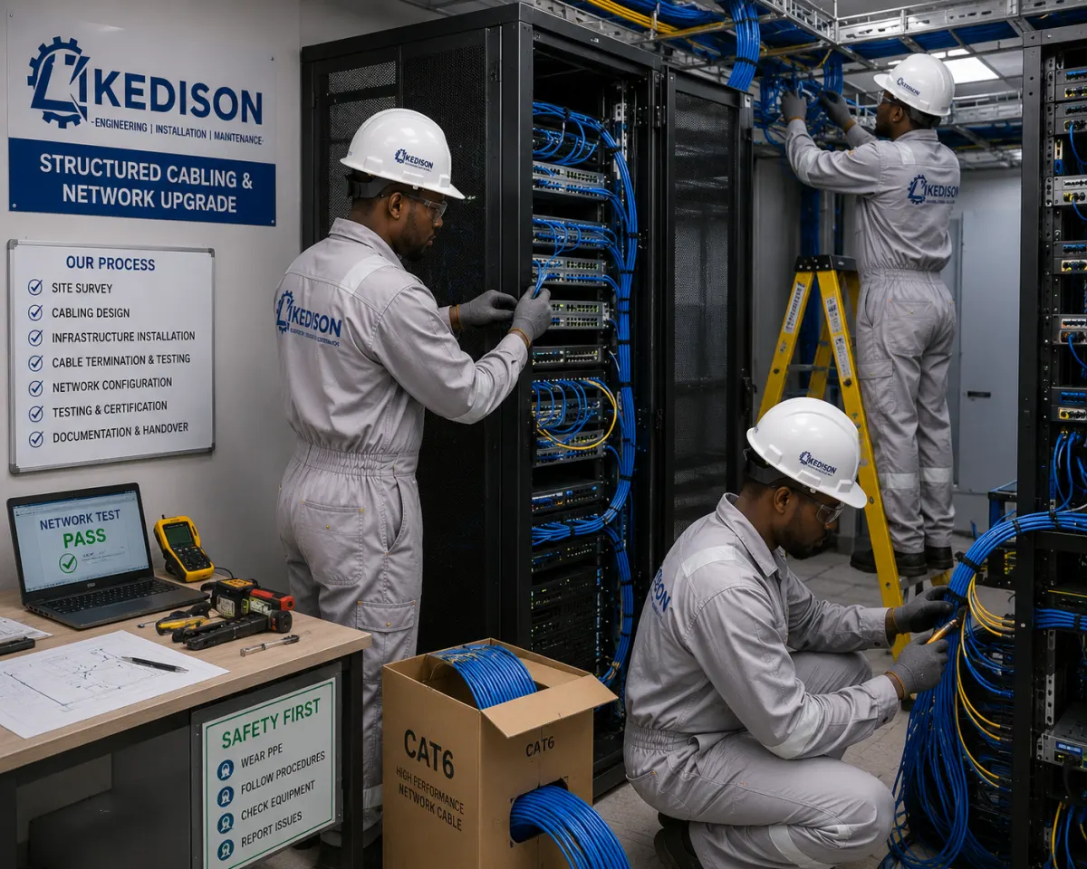 Ikedison technicians running structured cabling in a network room