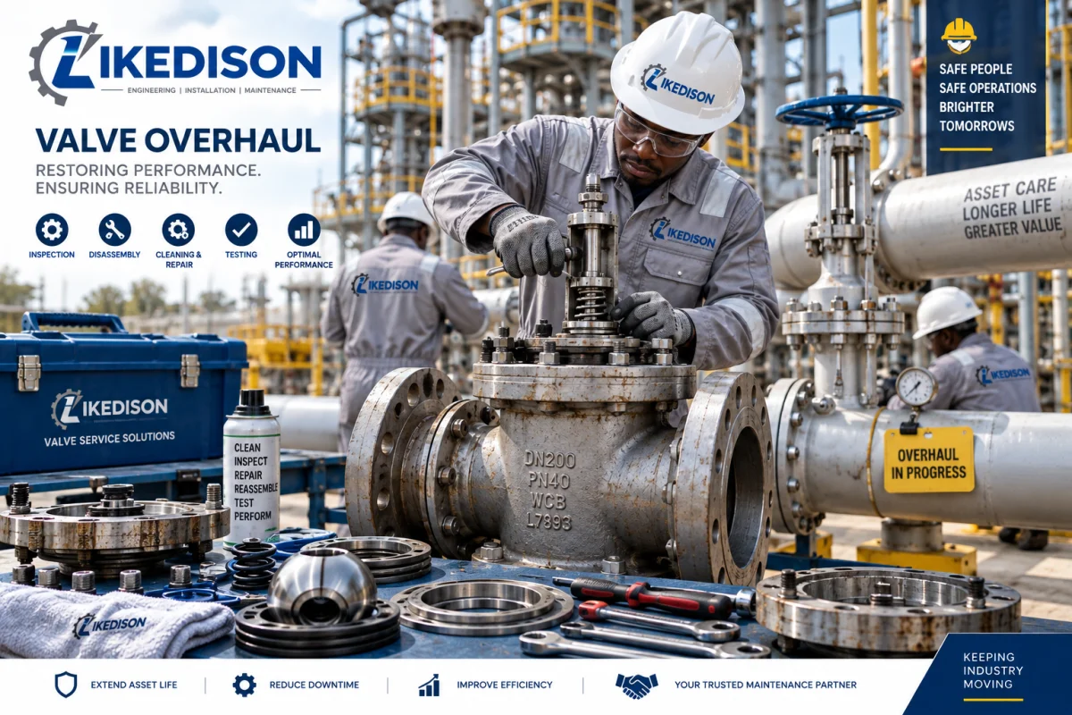 Ikedison technician stripping a DN200 gate valve, with seats, gaskets and tooling laid out alongside