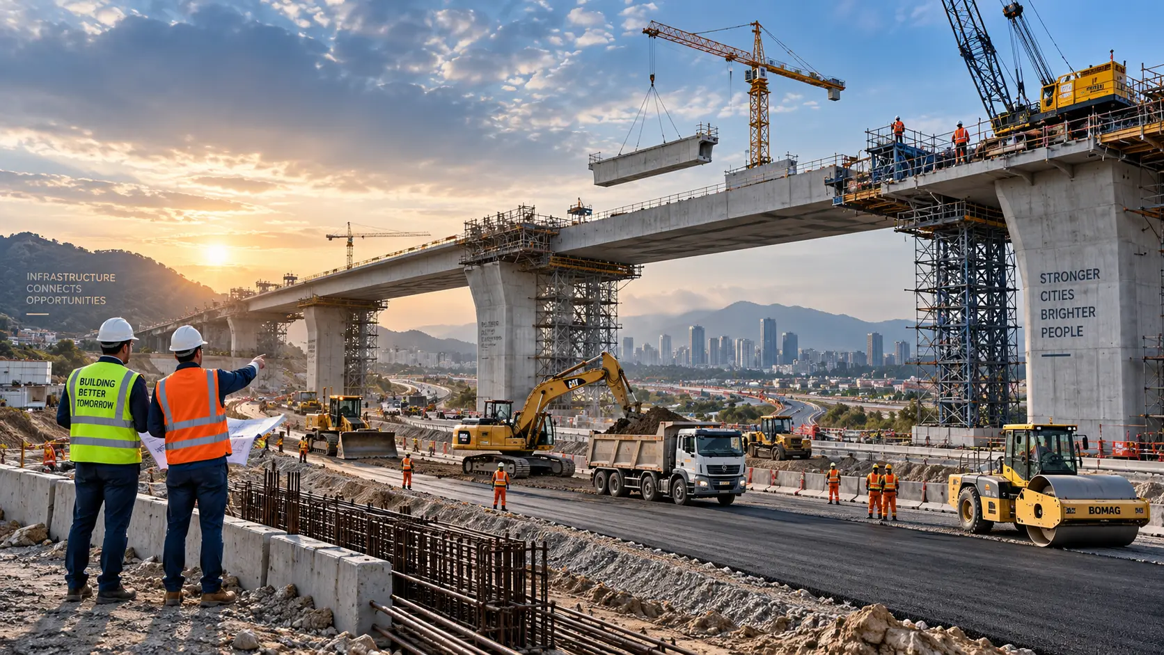 Bridge and highway construction at sunrise with cranes, plant and site engineers