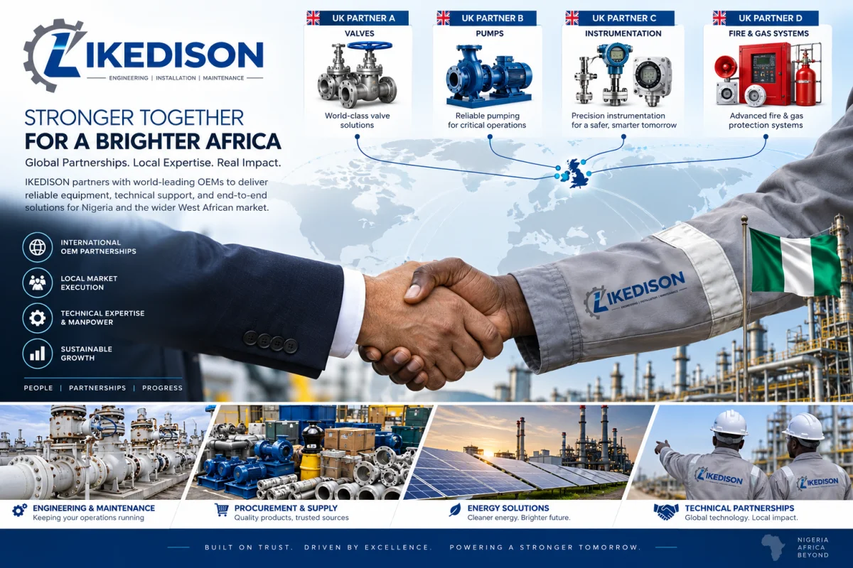 Stronger together for a brighter Africa — Ikedison partnership overview showing UK OEM partners for valves, pumps, instrumentation and fire and gas systems