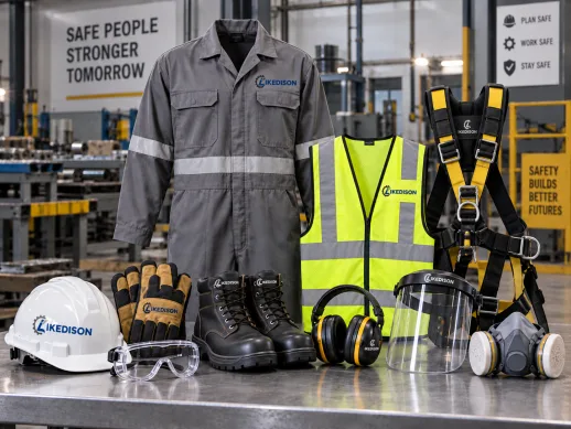 Ikedison branded PPE kit — coveralls, hi-vis, harness, helmet, boots, gloves and respiratory protection